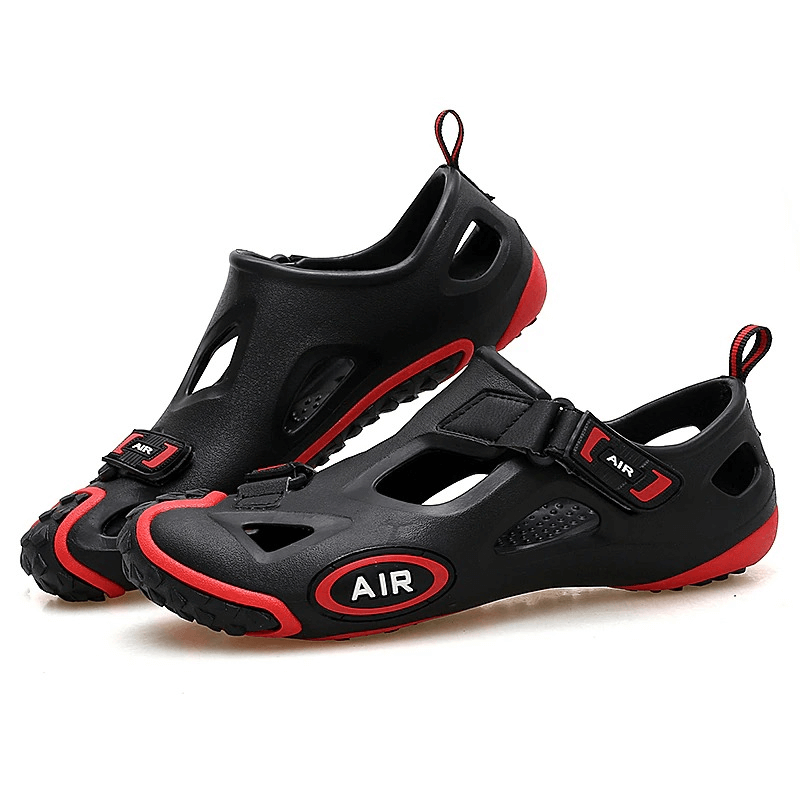 Stylish outdoor men's water sandals with soft soles and convenient hasp, featuring EVA upper and rubber outsole for comfort and grip.